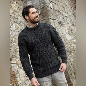 ARAN CRAFTS CREW NECK SWEATER Ireland Men Medium Fisherman  Wool Grey cable knit